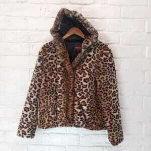 Vigoss Faux Fur Jacket Womens Medium Animal Leopard Printed Hooded Coat Pockets